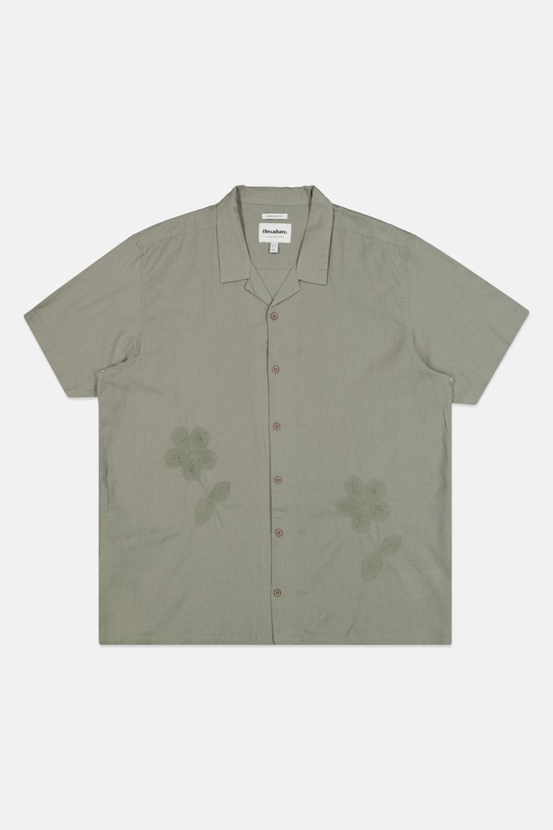 Threadbare Men Regular Fit Short Sleeve Embroidered Casual Shirt, Sage Green - Image 3